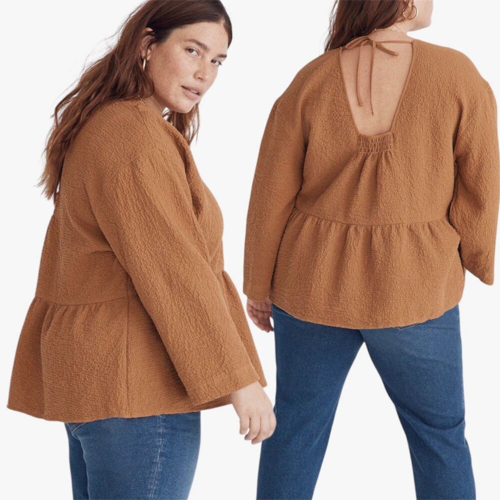 Madewell Open-Back Top Womens Plus Sz 2X Cotton Textured Long Sleeve Peplum NWT
